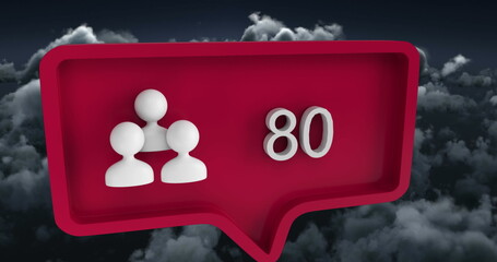 Image of people icon with numbers on speech bubble over sky and clouds
