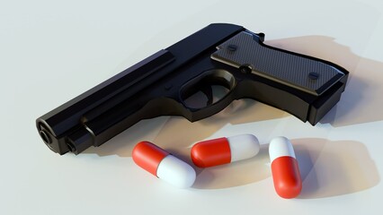 3d rendering of drugs capsule and gun - obrazy, fototapety, plakaty