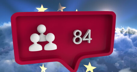 Image of people icon with numbers on speech bubble with european union flag and clouds