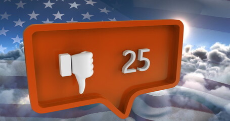 Naklejka premium Image of unlike icon with numbers on speech bubble with flag of usa