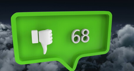Image of unlike icon with numbers on speech bubble over sky and clouds