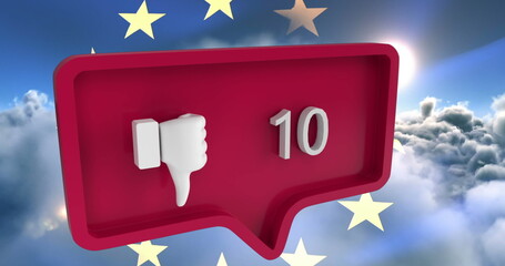 Image of unlike icon with numbers on speech bubble with european union flag and clouds