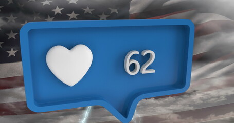 Image of heart icon with numbers on speech bubble over american flag