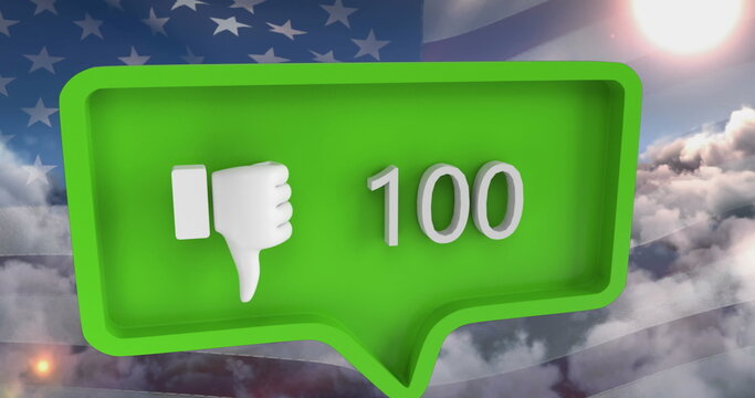 Image of unlike icon with numbers on speech bubble with flag of usa