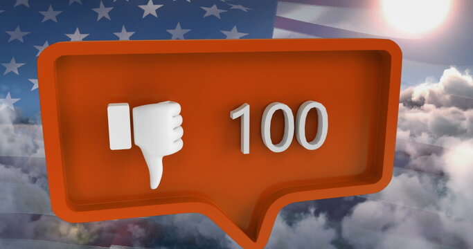 Image of unlike icon with numbers on speech bubble with flag of usa