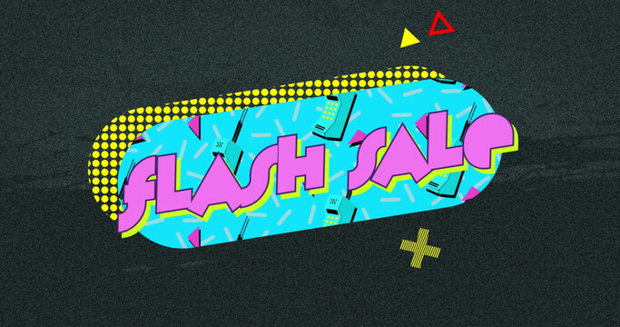 Image of flash sale text in pink on blue banner abstract shapes on distressed grey background - Powered by Adobe