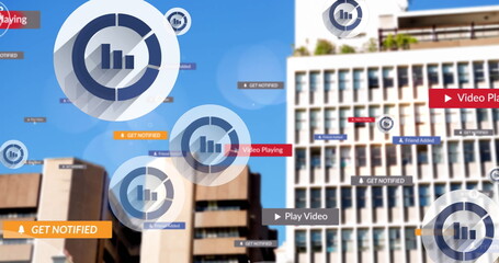Image of social media text on banners with statistics over modern building