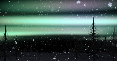 Image of snowflakes and northern lights over forest landscape