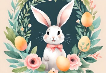 Happy Easter. Vector elegant trendy watercolor illustration of cute Easter bunny with floral...