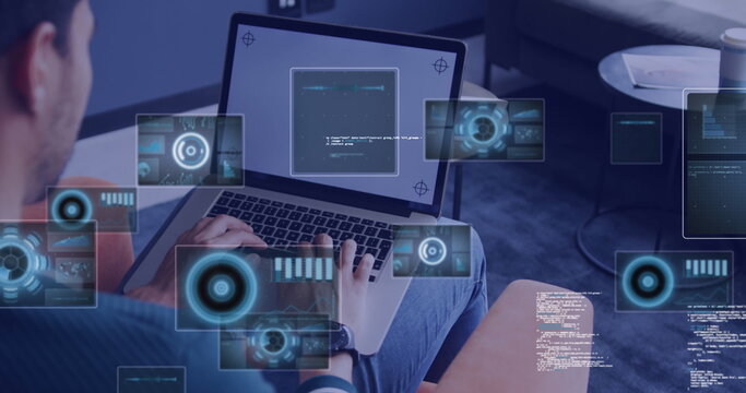 Image of data processing over biracial businessman using laptop