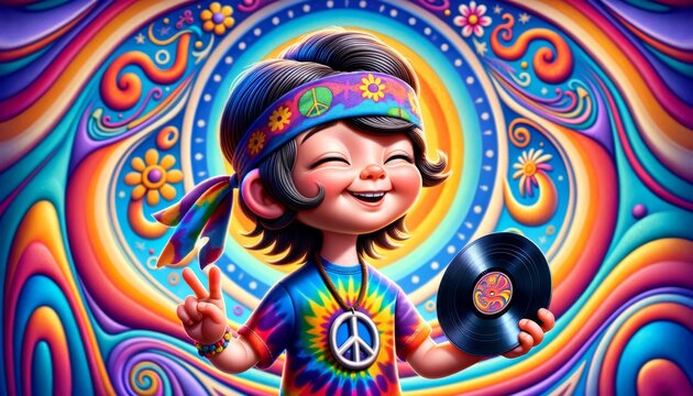 A whimsical, animated art style image of a child dressed as a classic rock star from the 1960s.