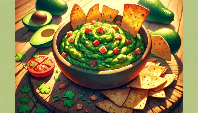A whimsical animated art style depiction of a close-up scene featuring a rustic bowl filled with freshly made guacamole, surrounded by golden brown, f.