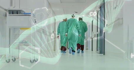 Image of dna strand over diverse surgeons in hospital