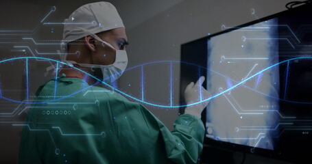 Image of dna strand and data processing over caucasian male surgeon in hospital