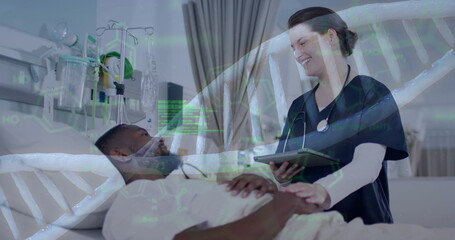 Image of dna strand over diverse male patient and female doctor in hospital
