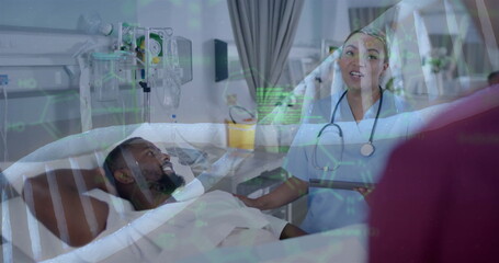 Image of dna strand over biracial female doctor and male patient in hospital - Powered by Adobe