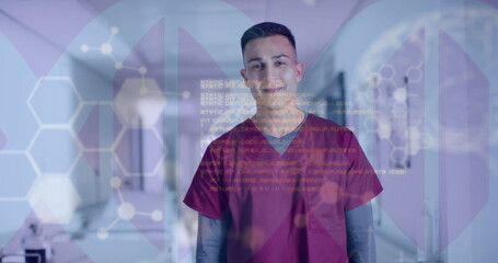 Image of dna strand and data processing over biracial male doctor in hospital