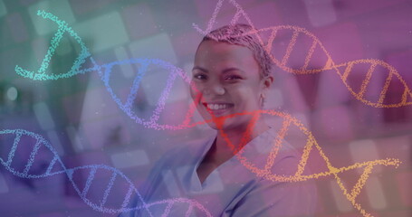 Image of dna strands over biracial female doctor in hospital