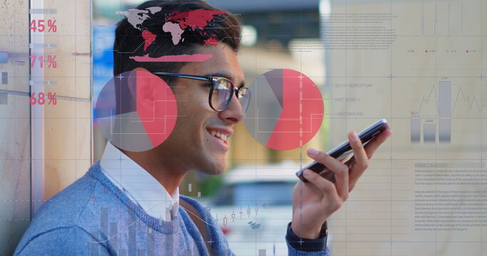 Image of data processing over biracial man using smartphone - Powered by Adobe
