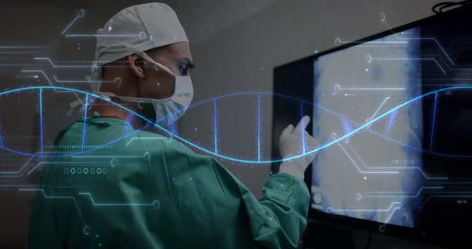 Image of dna strand and data processing over caucasian male surgeon in hospital