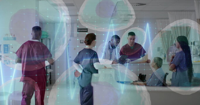 Image of cells and data processing over diverse doctors in hospital