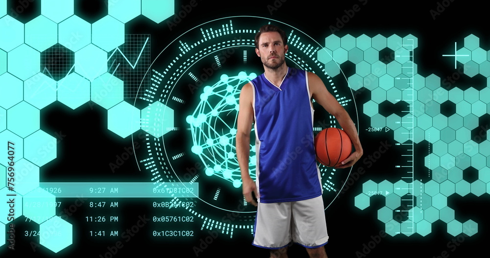 Poster image of scope scanning and data processing with shapes over caucasian man with basketball