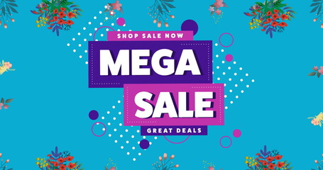 Image of mega sale text over dots and flowers moving in hypnotic motion