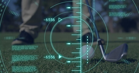 Image of scope scanning and data processing over caucasian man playing golf