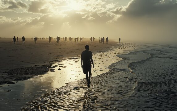 A man walking on the beach people standing in lines