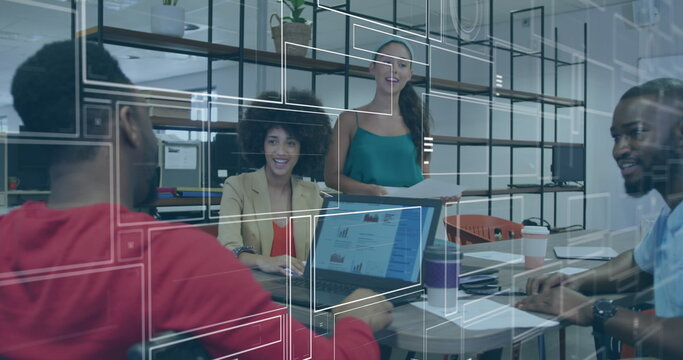 Image of data processing over disabled african american man with diverse business people