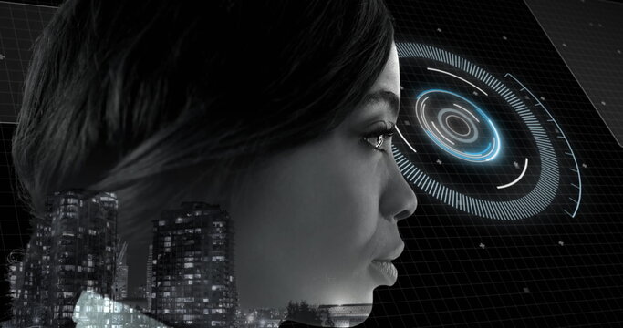 Young African American woman with a futuristic interface overlay