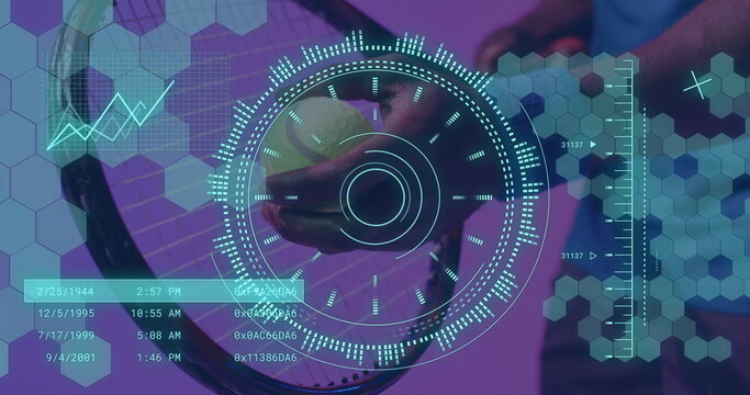 Image of scope scanning and data processing over african american male tennis player - Powered by Adobe