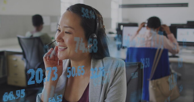 Image of financial data processing over biracial businesswoman in office