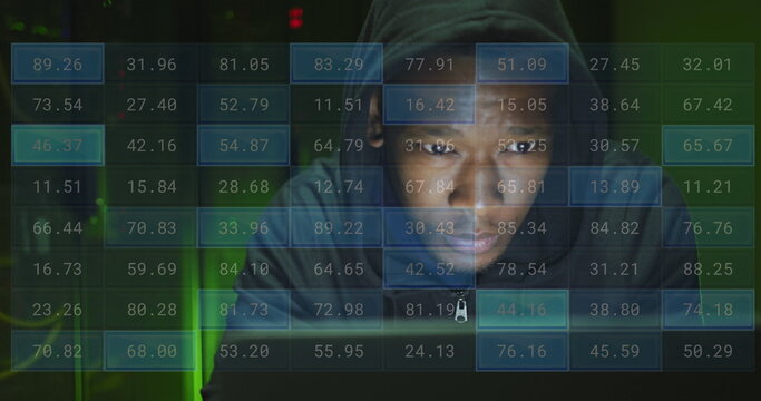 Image of financial data processing over african american male hacker by computer