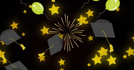 Image of balloons flying and graduation hats over stars on background