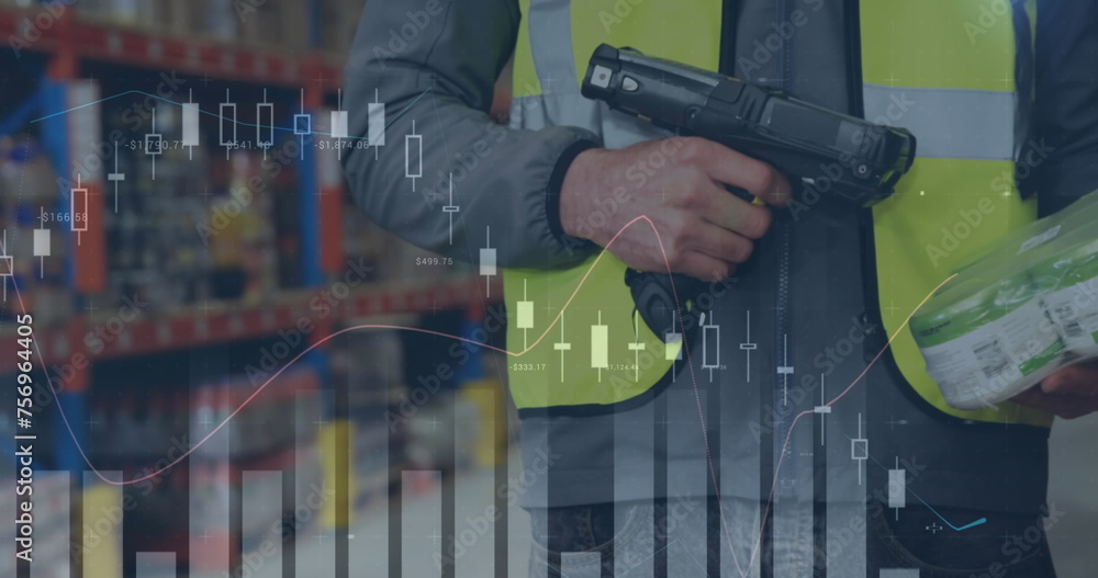 Poster image of statistics and financial data processing over man working in warehouse
