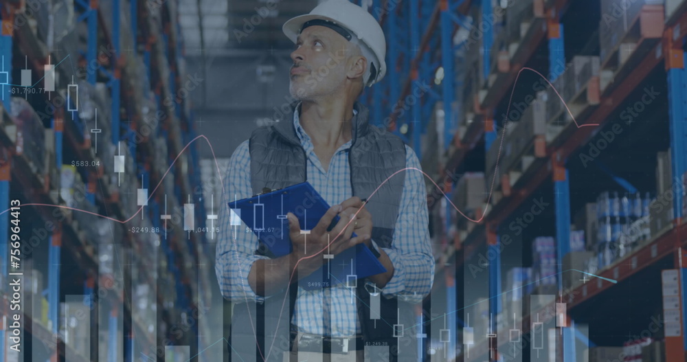 Aufkleber image of statistics and financial data processing over man working in warehouse