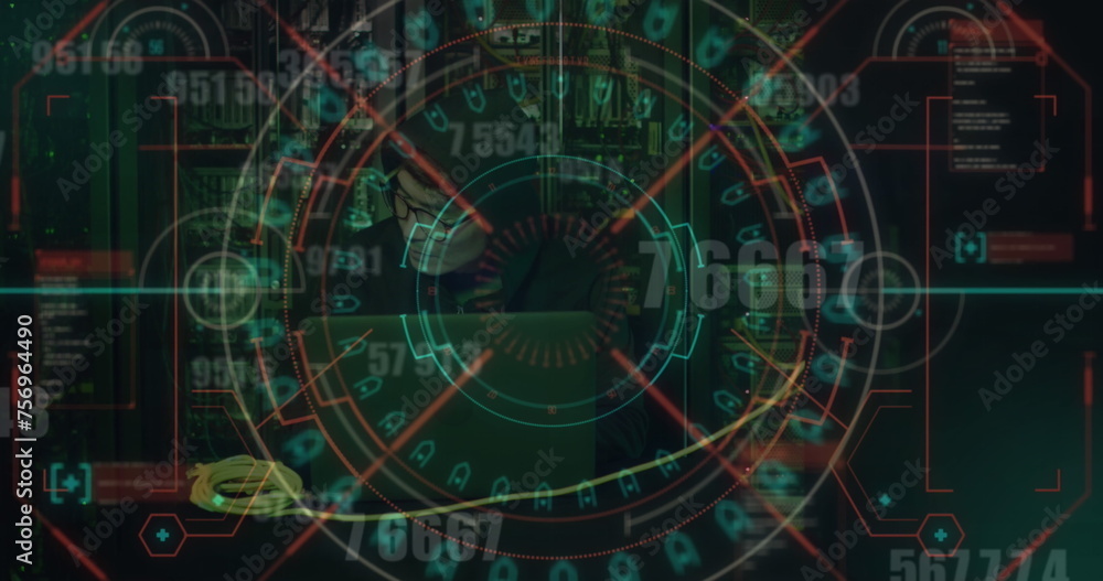 Poster image of data processing over asian male hacker using laptop by computer servers