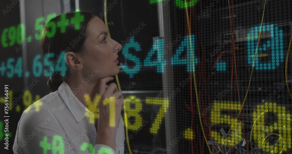 Poster image of data processing over caucasian female it engineer checking computer servers