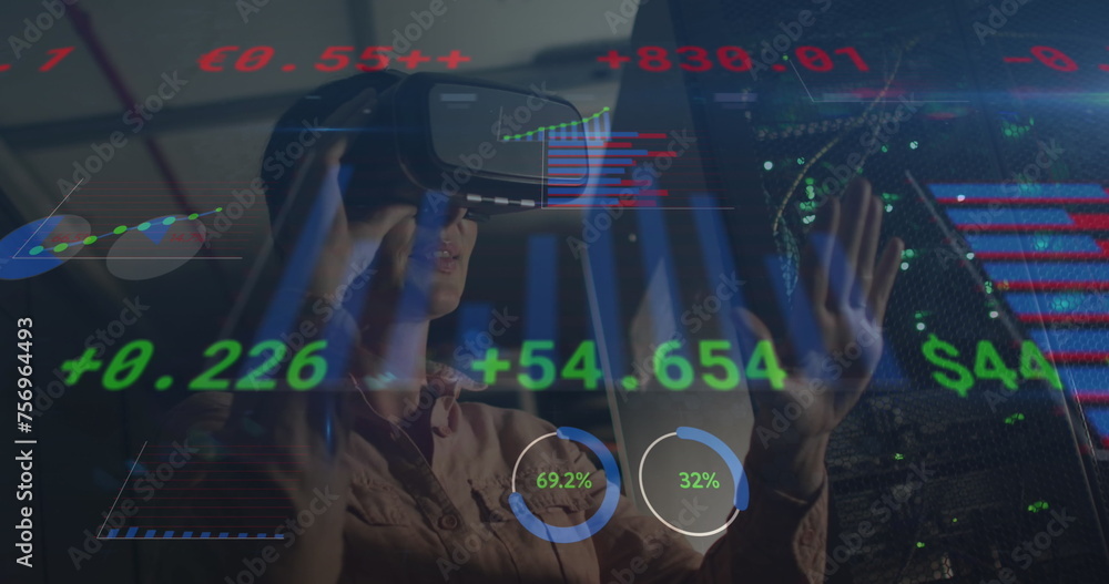Poster image of data over caucasian female it engineer with vr headset by computer servers