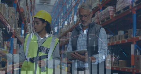 Image of statistics financial data processing over man and woman working in warehouse