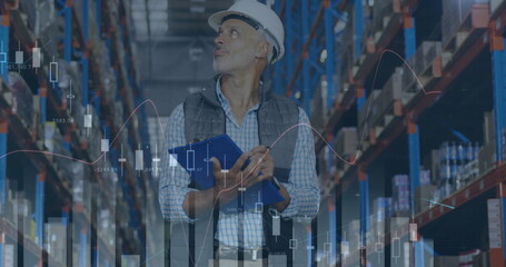 Image of statistics and financial data processing over man working in warehouse