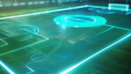 A holographic representation of a soccer field equipped with IoT sensors allowing players to receive realtime data on their positioning ping accuracy and stamina. - Powered by Adobe