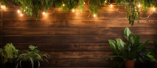 A hardwood wall adorned with terrestrial plants and hanging lights, creating a natural landscape feel. The flooring is covered with grass, enhancing the overall landscape design - obrazy, fototapety, plakaty