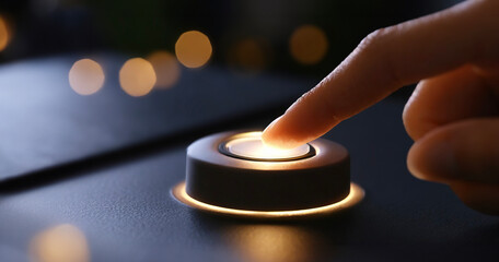 Close-up of fingertip pressing round switch on dark background - obrazy, fototapety, plakaty