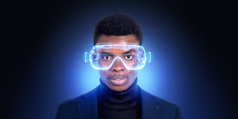 Black businessman in vr glasses hologram, copy space. Ai generative illustration