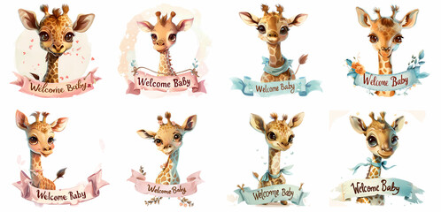 Obraz na płótnie Canvas Set of cute Giraffe with Welcome Baby Banner for new baby born, Clipart , generated ai