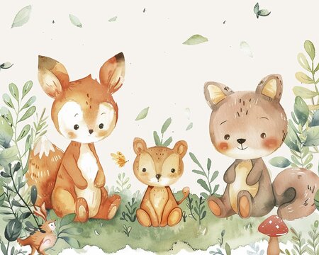 Watercolor cartoon characters of cute woodland animals in a forest setting