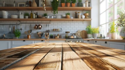 Wooden table on blurred kitchen bench background, Advertisement, Print media, Illustration, Banner, for website, copy space, for word, template, presentation - obrazy, fototapety, plakaty