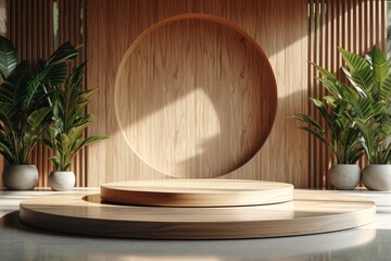 A minimalist podium inspired by nature, with a sleek wooden texture